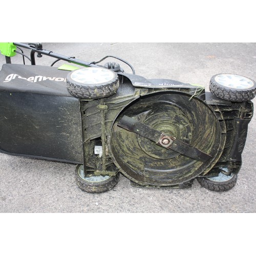 29 - Green Works battery lawn mower with spare battery (both good), strimmer & hedge cutter with charger