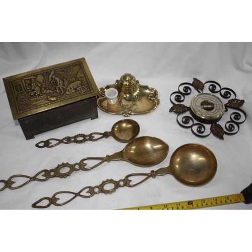 Miniature brass box, 3 spoons, inkwell & barometer
