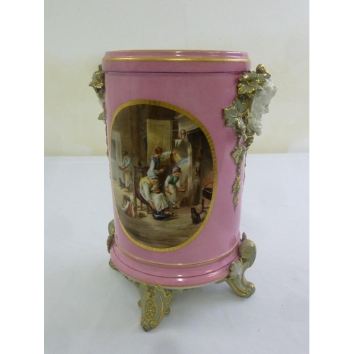 100 - A 19th century Continental ceramic jardinière of cylindrical form, pink ground with panels depicting... 