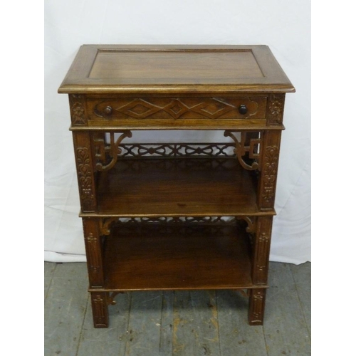 12 - Chinese rectangular mahogany three tier occasional table with single drawer