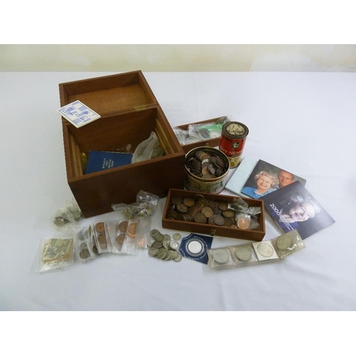 470 - A quantity of GB and foreign coins in a wooden coin case to include some pre 47 silver