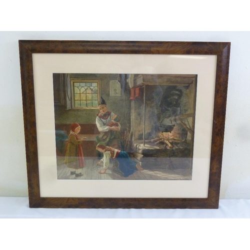 55 - Virginia Larsson framed and glazed watercolour of a family playing in an interior scene, signed bott... 