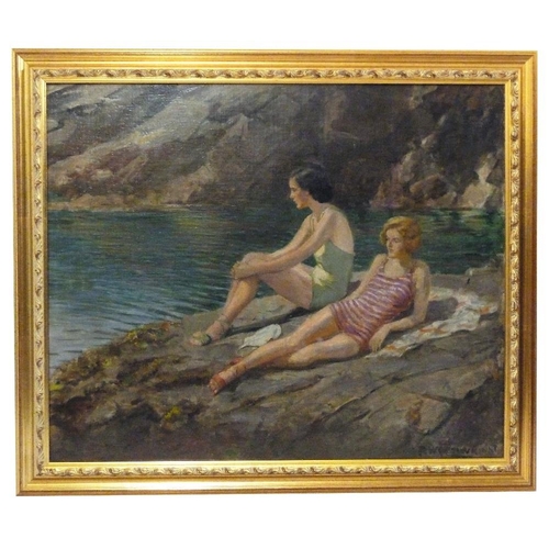 58 - Rowland Wheelwright framed oil on canvas The Bathers, signed bottom right, 47 x 57cm