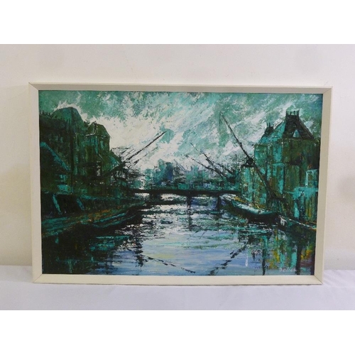 63 - Delieu framed oil on canvas of a canal scene, signed bottom right, 59.5 x 90.5cm