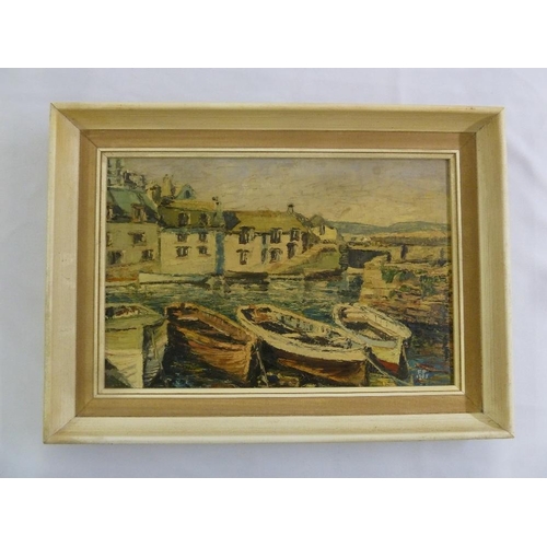 66 - A framed oil on panel of boats in a harbour, monogrammed FP, 24.5 x 37cm