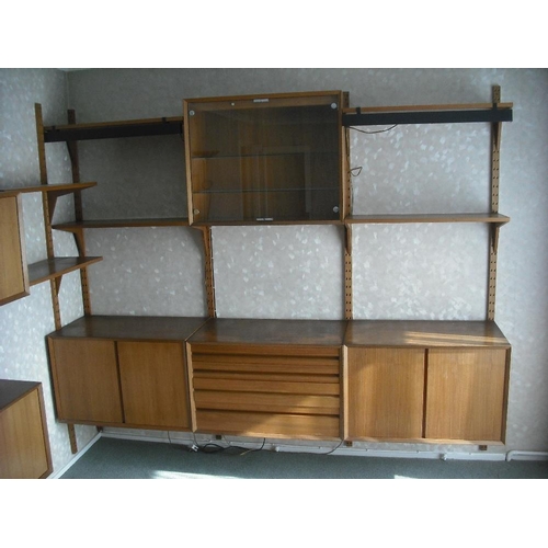 4 - 1970s wall mounted modular wall units and shelves (six section and six shelves with ladder racks)