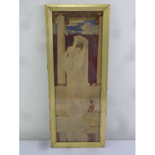 50 - A framed and glazed watercolour of a classical nude in the style of Alma-Tadema, 71 x 24cm