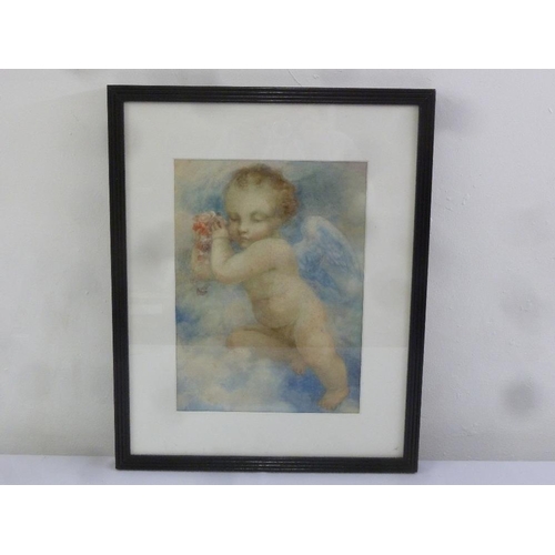 51 - Framed and glazed watercolour of a cherub in the style of Elenor Fortescue Brickdale, 35.5 x 26cm