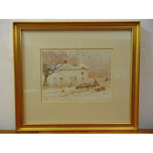 50 - Claude Hayes framed and glazed watercolour of sheep by a barn, signed bottom left, 18 x 25cm