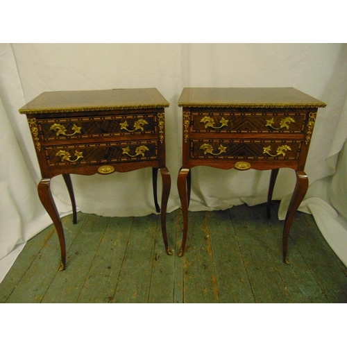 6 - A pair of inlaid Kingswood rectangular side tables each with two drawers on four cabriole legs