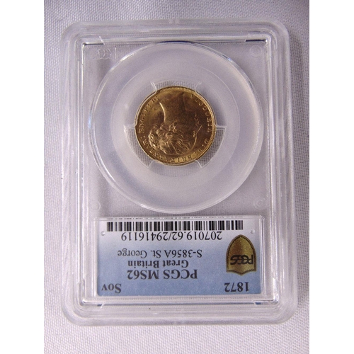 502 - 1872 Queen Victoria gold Sovereign graded MS62 and slabbed