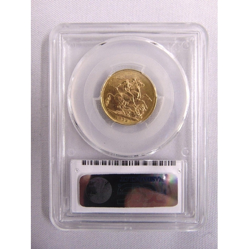 502 - 1872 Queen Victoria gold Sovereign graded MS62 and slabbed