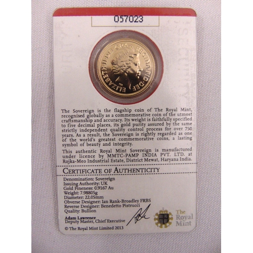 504 - 2013 QEII gold Sovereign in capsulated sleeve with COA to verso