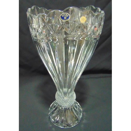 129 - A continental clear glass vase of ribbed conical form on raised circular base, 40cm (h)