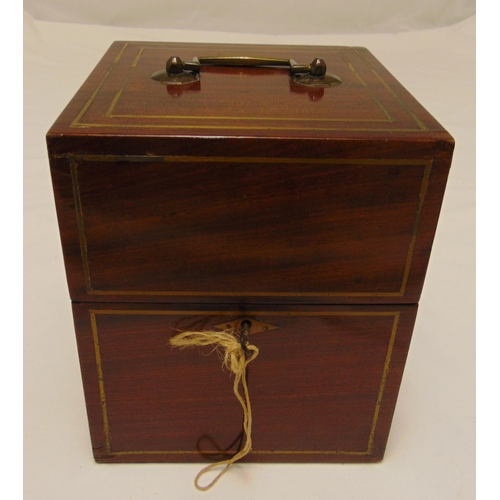 132 - A 19th century rectangular mahogany case containing four spirit bottles with lined interior and deta... 