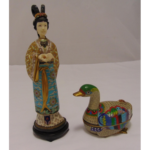 163 - A Cloisonn figurine of an oriental lady on hardwood base, 32cm (h) and a Cloisonn box in the form ... 