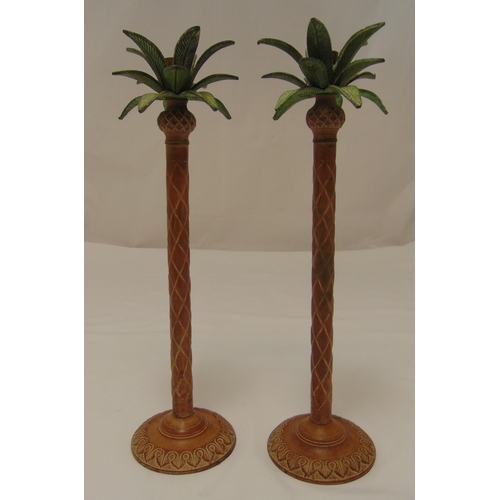 175 - A pair of pricket coloured metal candlesticks in the form of palm trees, 42cm (h)