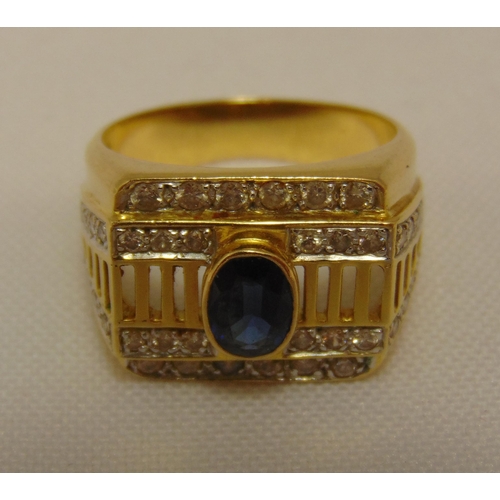 299 - 18ct yellow gold, diamond and sapphire gentlemans ring, approx total weight 10.7g