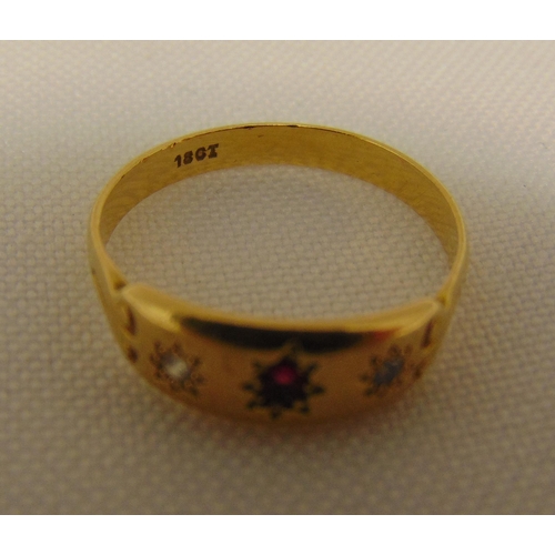 304 - 18ct yellow gold ruby and diamond gypsy set ring, approx total weight 3.0g