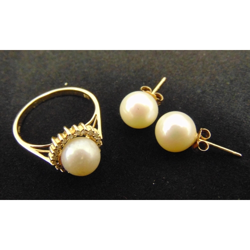 313 - 14ct yellow gold and pearl ring and matching earrings, approx total weight 13.4g