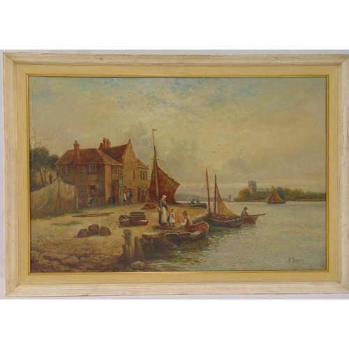 50 - E. Brown framed oil on canvas of fishing boats by a dock, signed bottom right, 51 x 76.5cm