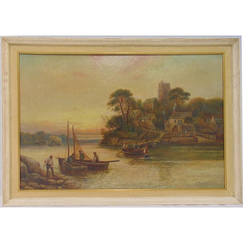 51 - E. Brown framed oil on canvas of fishing boats on a river, signed bottom right, 51 x 76.5cm