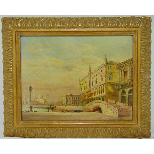 66 - A framed oil on panel of a Venetian landscape with buildings and figures in the foreground, 20 x 26.... 