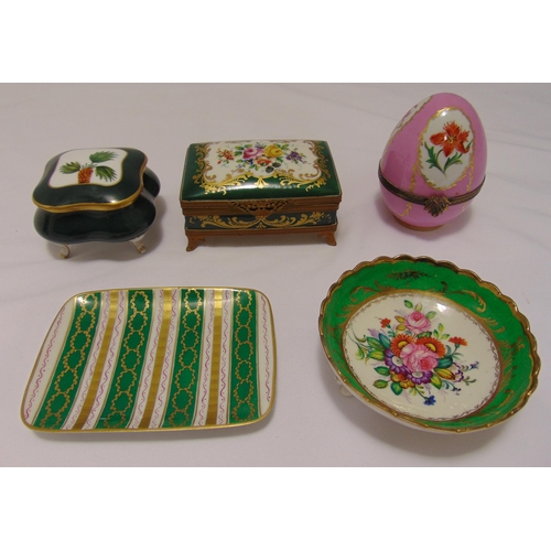 91 - A quantity of continental porcelain to include a casket, an egg shaped trinket box and two dishes (5... 