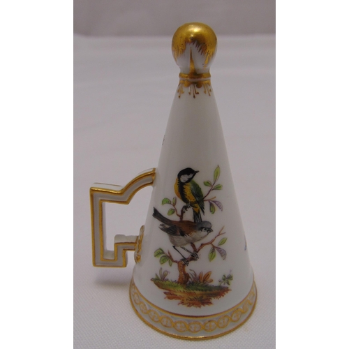 131 - Meissen candle snuffer, decorated to the sides with birds on branches, marks to the base, 8cm (h)