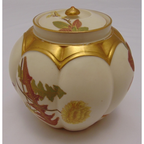 150 - Royal Worcester melon rose jar and cover decorated with flowers and leaves, marks to the base, 15cm ... 
