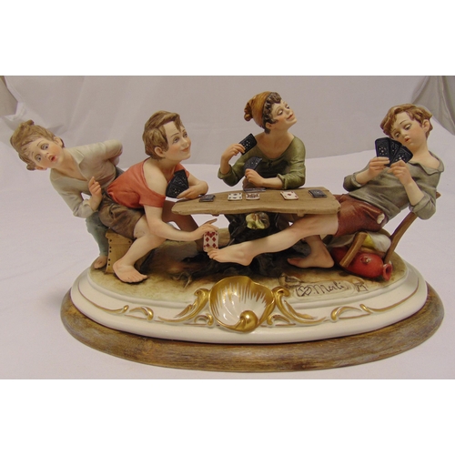 172 - Capodimonte signed figural group titled The Cheat, on raised oval base signed Bruno Meli, 40 x 24cm