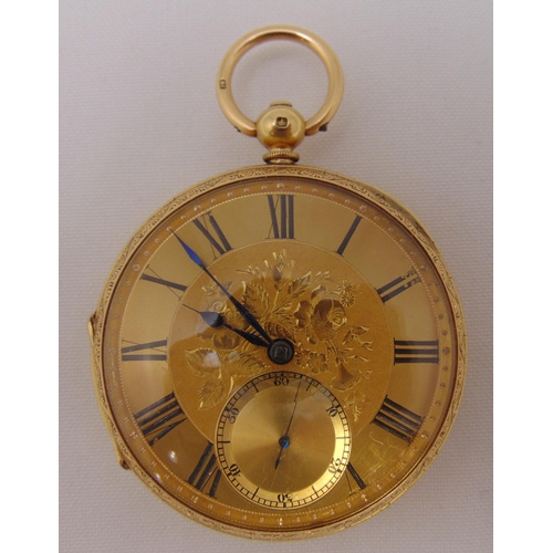 319 - A Victorian 18ct gold open face pocket watch with florally engraved dial with Roman numerals and sub... 