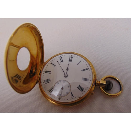 320 - 14ct gold half hunter ladies pocket watch, white enamel dial with Roman numerals and subsidiary seco... 