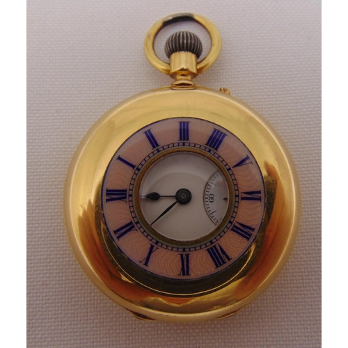 320 - 14ct gold half hunter ladies pocket watch, white enamel dial with Roman numerals and subsidiary seco... 