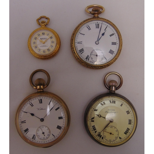 322 - Four pocket watches to include Waltham, Record and Savoy