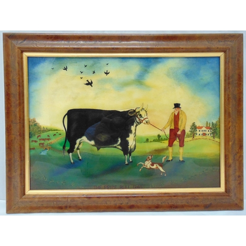 101 - A framed and glazed naive painting on glass of a prize bull with it s farmer, 33.5 x 48cm