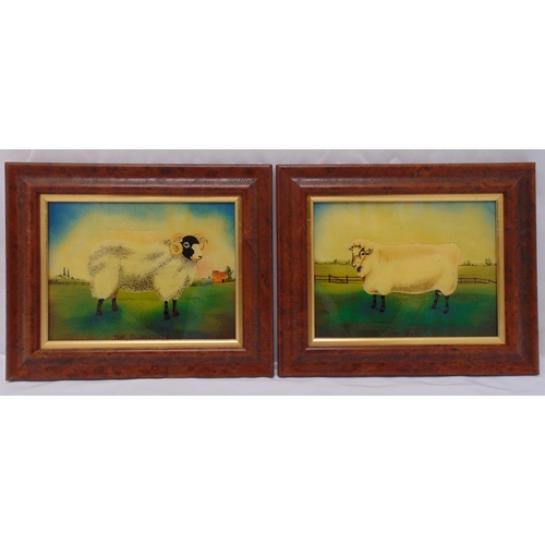 102 - A pair of framed and glazed naive paintings on glass of rams, 20 x 27cm each