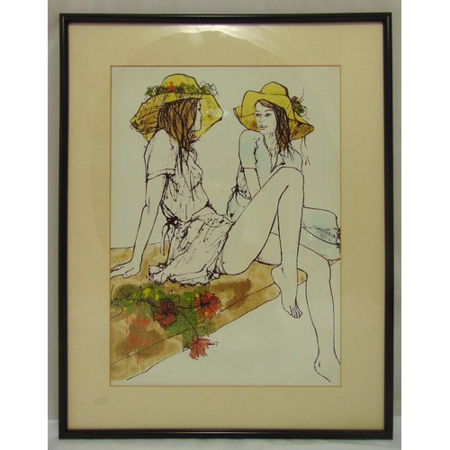 103 - Bernard Dufour framed and glazed mixed media acrylic of two ladies wearing sun hats, signed bottom l... 