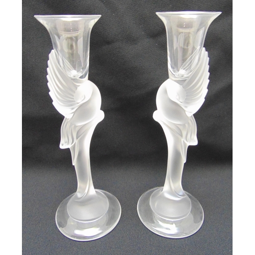 168 - A pair of Igor Carl Faberge glass stylised frosted dove candlesticks on raised circular bases, marks... 