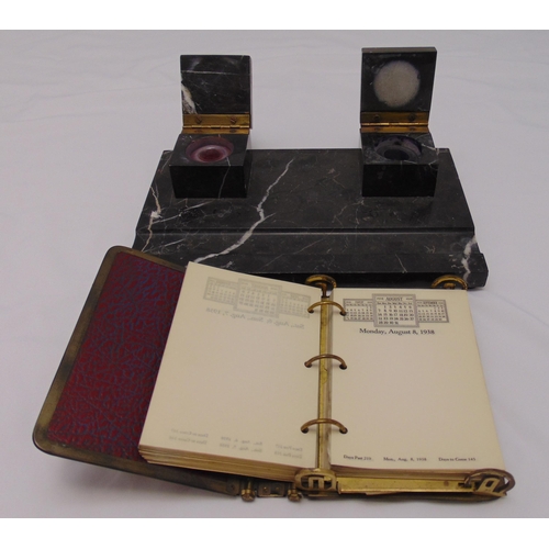 239 - A rectangular marble ink stand with two square inkwells with hinged covers and an Art Deco desk pad,... 