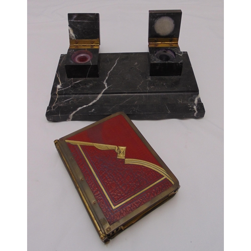 239 - A rectangular marble ink stand with two square inkwells with hinged covers and an Art Deco desk pad,... 