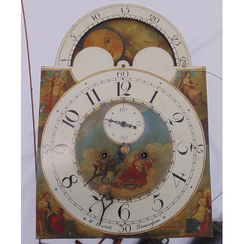 264 - William Hartett of Birmingham long case clock movement with painted moon phase dial, subsidiary seco... 