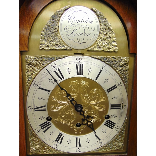 265 - Canham of London chiming grandmother clock, silvered dial with Roman numerals and hinged glazed case... 