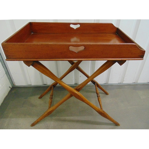 29 - A rectangular mahogany butlers tray on scissor action stand, 81 x 76 x 49.5cm, A/F