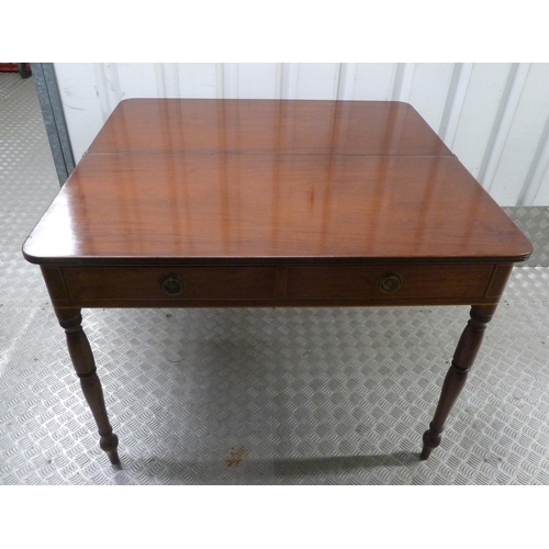 4 - A Regency rectangular mahogany tea table, two drawers with brass handles on turned cylindrical legs,... 