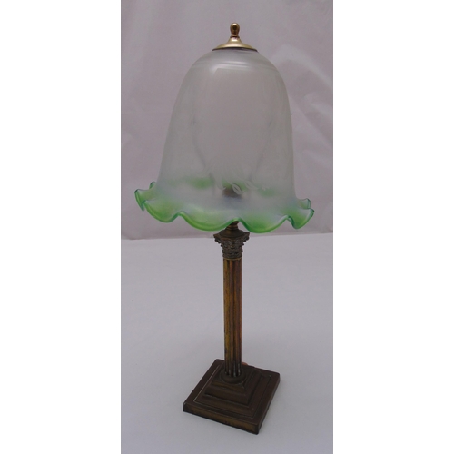 51 - A brass corinthian column table lamp on stepped square base with coloured glass shade, 50cm (h)