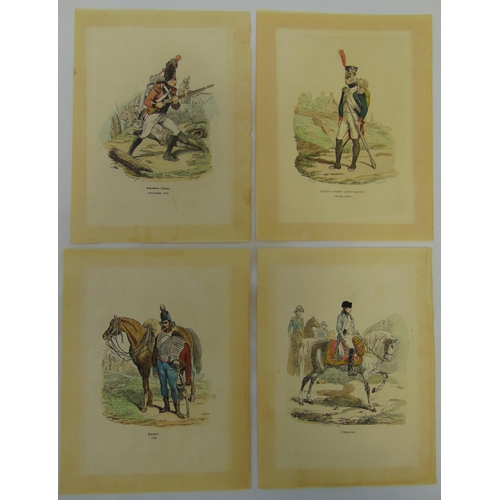 55 - Four 19th century polychromatic etchings of soldiers in regimental uniforms, 21 x 15cm each