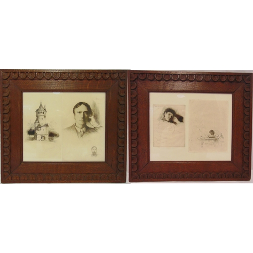 58 - Hubert Herkomer two framed and glazed monochromatic etchings in Arts and Crafts carved frames, 25 x ... 