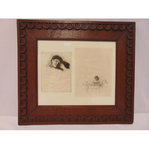 58 - Hubert Herkomer two framed and glazed monochromatic etchings in Arts and Crafts carved frames, 25 x ... 