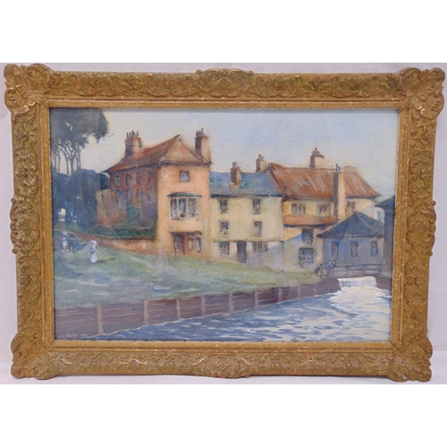 73 - Louis Weirter framed and glazed watercolour of a building by a river, signed bottom left, 33.5 x 49.... 